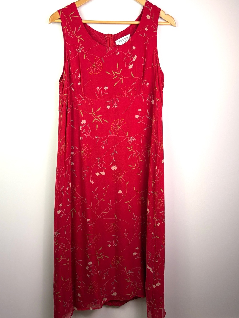 Coldwater Creek 100% silk Sleeveless Red Floral Midi Dress size 16P